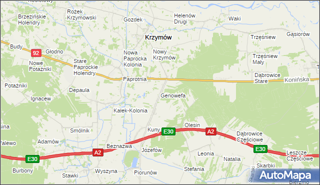 mapa Genowefa gmina Krzymów, Genowefa gmina Krzymów na mapie Targeo