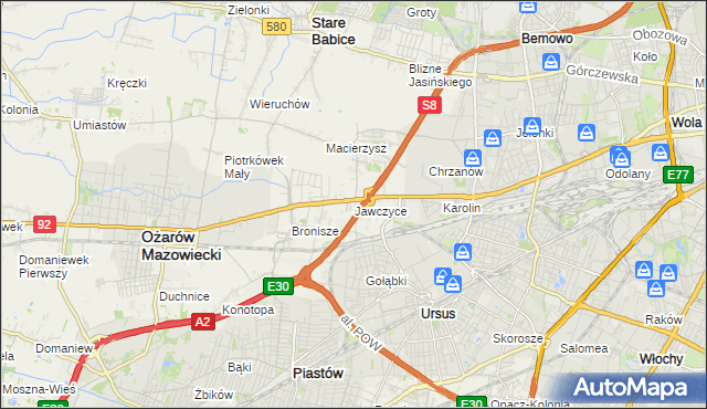 mapa Jawczyce gmina Ożarów Mazowiecki, Jawczyce gmina Ożarów Mazowiecki na mapie Targeo