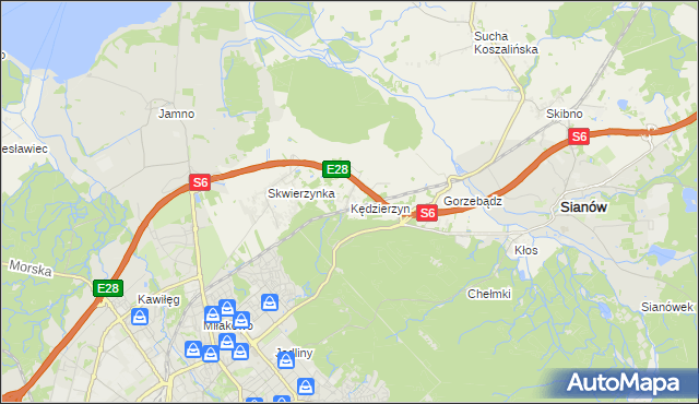 mapa Kędzierzyn gmina Sianów, Kędzierzyn gmina Sianów na mapie Targeo