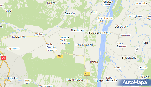 mapa Boiska-Kolonia gmina Solec nad Wisłą, Boiska-Kolonia gmina Solec nad Wisłą na mapie Targeo