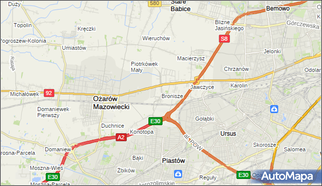 mapa Bronisze gmina Ożarów Mazowiecki, Bronisze gmina Ożarów Mazowiecki na mapie Targeo