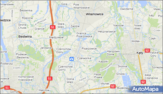 mapa Pisarzowice gmina Wilamowice, Pisarzowice gmina Wilamowice na mapie Targeo