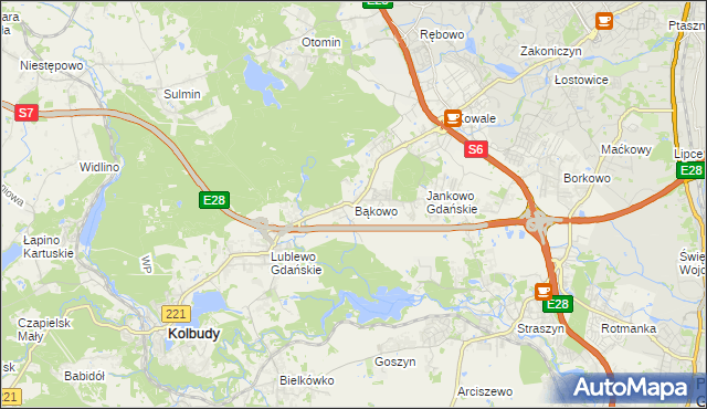 mapa Bąkowo gmina Kolbudy, Bąkowo gmina Kolbudy na mapie Targeo