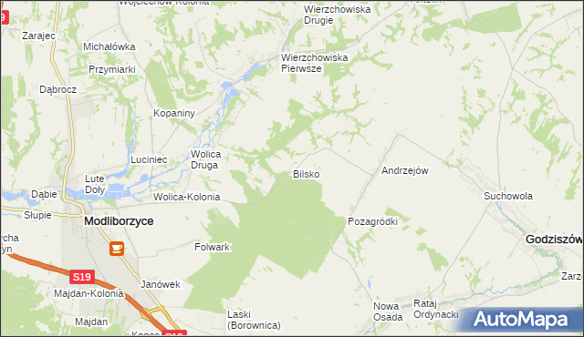 mapa Bilsko gmina Modliborzyce, Bilsko gmina Modliborzyce na mapie Targeo
