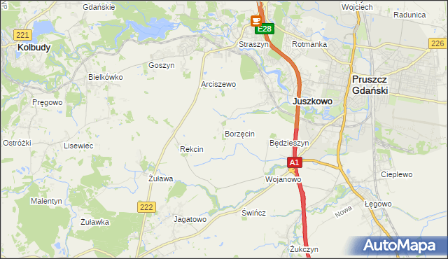 mapa Borzęcin gmina Pruszcz Gdański, Borzęcin gmina Pruszcz Gdański na mapie Targeo