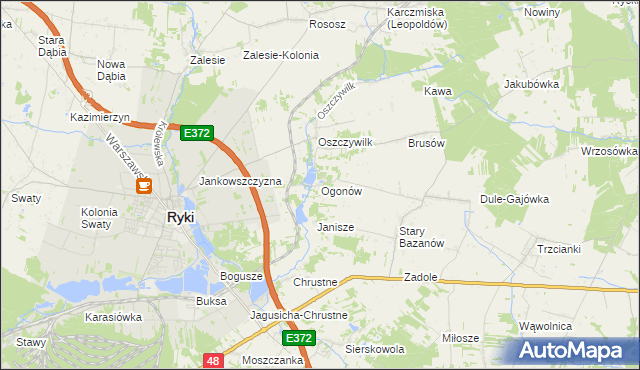 mapa Ogonów gmina Ryki, Ogonów gmina Ryki na mapie Targeo