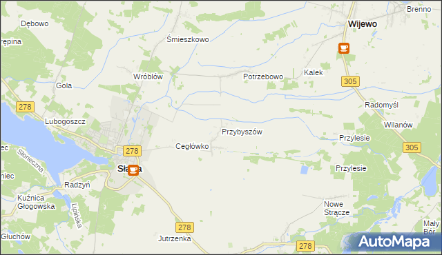 mapa Przybyszów gmina Sława, Przybyszów gmina Sława na mapie Targeo
