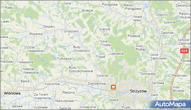 mapa Tropie gmina Strzyżów, Tropie gmina Strzyżów na mapie Targeo