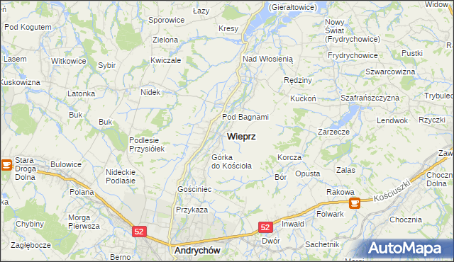 mapa Wieprz powiat wadowicki, Wieprz powiat wadowicki na mapie Targeo