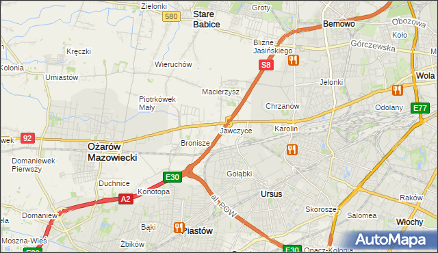 mapa Jawczyce gmina Ożarów Mazowiecki, Jawczyce gmina Ożarów Mazowiecki na mapie Targeo