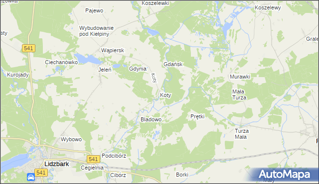mapa Koty gmina Lidzbark, Koty gmina Lidzbark na mapie Targeo