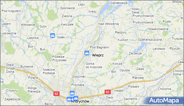 mapa Wieprz powiat wadowicki, Wieprz powiat wadowicki na mapie Targeo