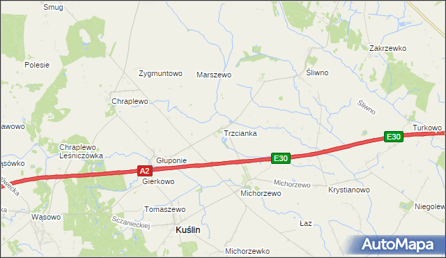 mapa Trzcianka gmina Kuślin, Trzcianka gmina Kuślin na mapie Targeo