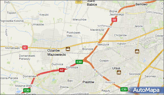 mapa Bronisze gmina Ożarów Mazowiecki, Bronisze gmina Ożarów Mazowiecki na mapie Targeo