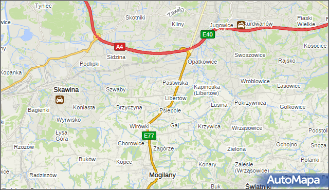 mapa Libertów gmina Mogilany, Libertów gmina Mogilany na mapie Targeo