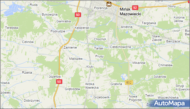 mapa Prusy gmina Mińsk Mazowiecki, Prusy gmina Mińsk Mazowiecki na mapie Targeo