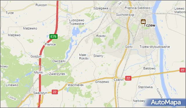 mapa Śliwiny gmina Tczew, Śliwiny gmina Tczew na mapie Targeo