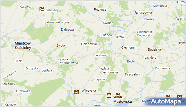 mapa Baczków gmina Wola Mysłowska, Baczków gmina Wola Mysłowska na mapie Targeo