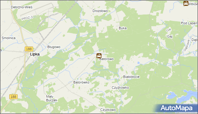 mapa Batorowo gmina Lipka, Batorowo gmina Lipka na mapie Targeo