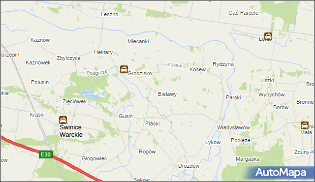 mapa Bielawy gmina Świnice Warckie, Bielawy gmina Świnice Warckie na mapie Targeo
