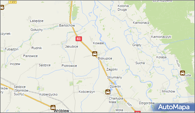 mapa Biskupice gmina Sieradz, Biskupice gmina Sieradz na mapie Targeo