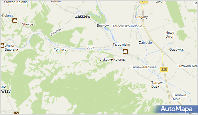 mapa Biskupie-Kolonia gmina Wysokie, Biskupie-Kolonia gmina Wysokie na mapie Targeo