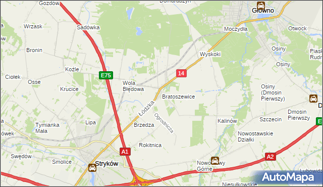 mapa Bratoszewice, Bratoszewice na mapie Targeo