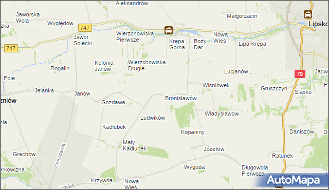 mapa Bronisławów gmina Sienno, Bronisławów gmina Sienno na mapie Targeo