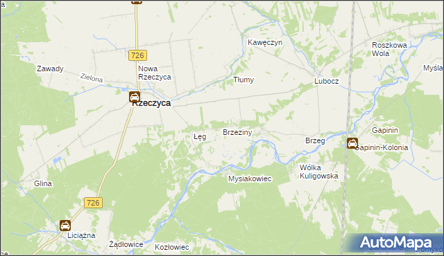 mapa Brzeziny gmina Rzeczyca, Brzeziny gmina Rzeczyca na mapie Targeo