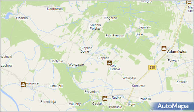 mapa Cieplice gmina Adamówka, Cieplice gmina Adamówka na mapie Targeo