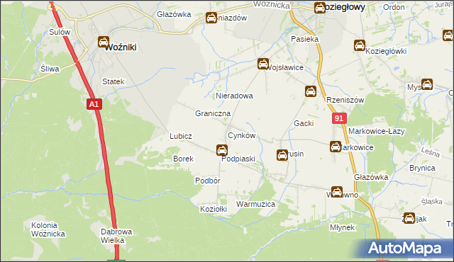 mapa Cynków gmina Koziegłowy, Cynków gmina Koziegłowy na mapie Targeo