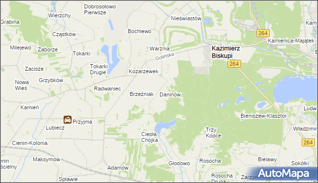 mapa Daninów gmina Kazimierz Biskupi, Daninów gmina Kazimierz Biskupi na mapie Targeo