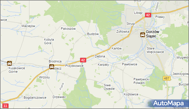 mapa Dębina gmina Gorzów Śląski, Dębina gmina Gorzów Śląski na mapie Targeo