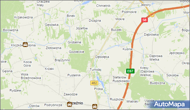 mapa Dębołęka gmina Brzeźnio, Dębołęka gmina Brzeźnio na mapie Targeo