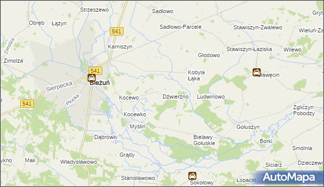 mapa Dźwierzno gmina Bieżuń, Dźwierzno gmina Bieżuń na mapie Targeo