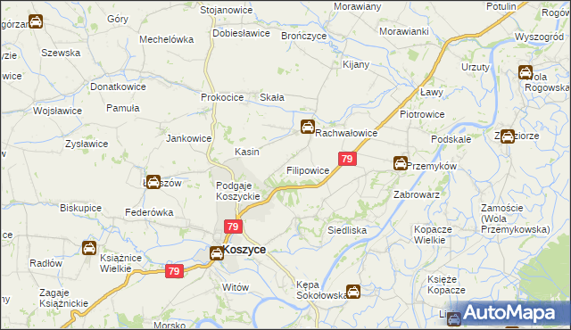 mapa Filipowice gmina Koszyce, Filipowice gmina Koszyce na mapie Targeo