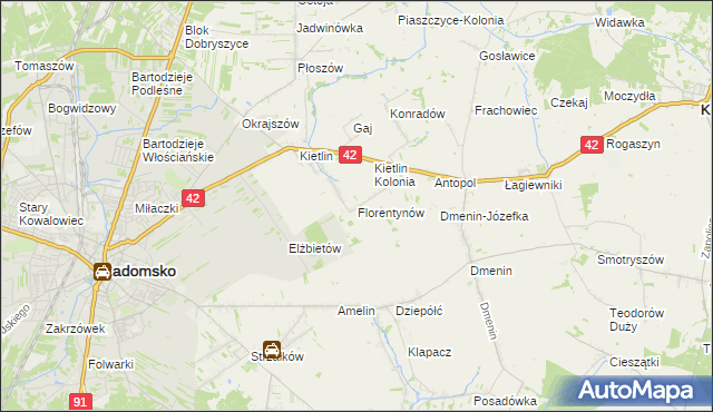 mapa Florentynów gmina Kodrąb, Florentynów gmina Kodrąb na mapie Targeo