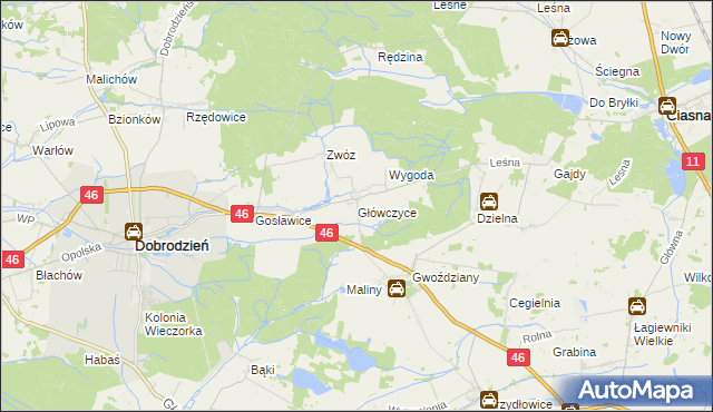 mapa Główczyce gmina Dobrodzień, Główczyce gmina Dobrodzień na mapie Targeo