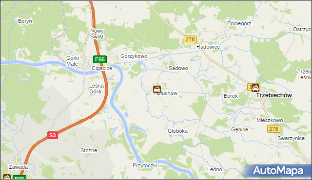 mapa Głuchów gmina Trzebiechów, Głuchów gmina Trzebiechów na mapie Targeo
