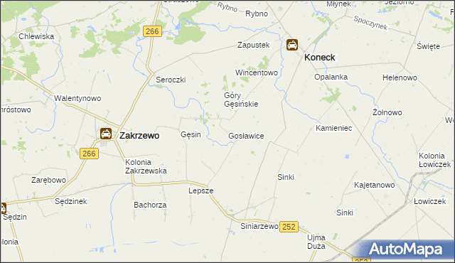 mapa Gosławice gmina Zakrzewo, Gosławice gmina Zakrzewo na mapie Targeo