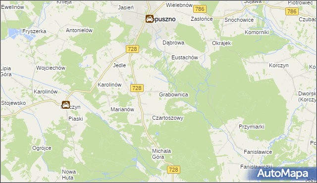 mapa Grabownica gmina Łopuszno, Grabownica gmina Łopuszno na mapie Targeo
