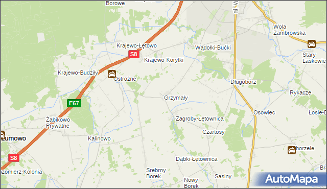 mapa Grzymały gmina Zambrów, Grzymały gmina Zambrów na mapie Targeo