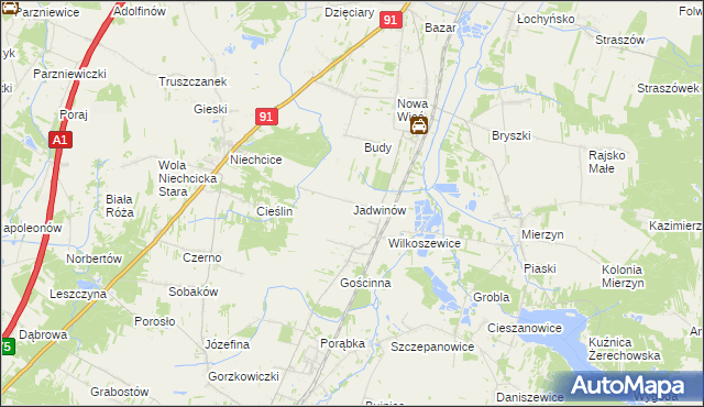 mapa Jadwinów gmina Gorzkowice, Jadwinów gmina Gorzkowice na mapie Targeo