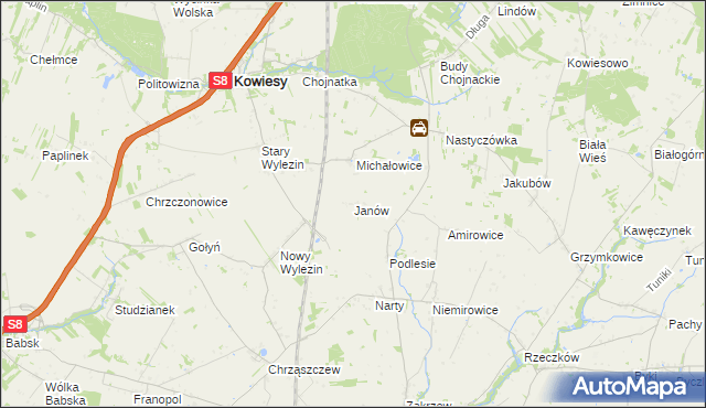 mapa Janów gmina Kowiesy, Janów gmina Kowiesy na mapie Targeo