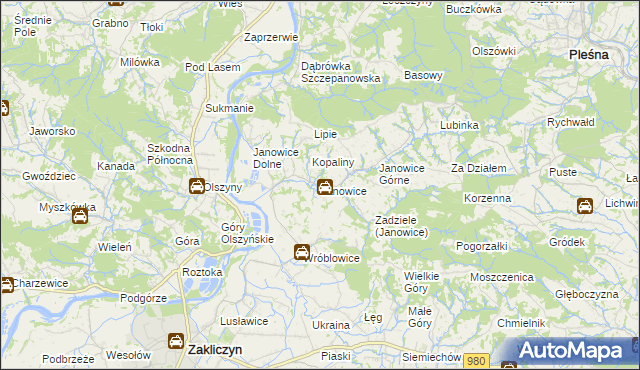 mapa Janowice gmina Pleśna, Janowice gmina Pleśna na mapie Targeo