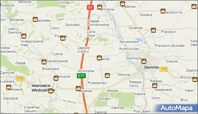 mapa Kacice gmina Słomniki, Kacice gmina Słomniki na mapie Targeo