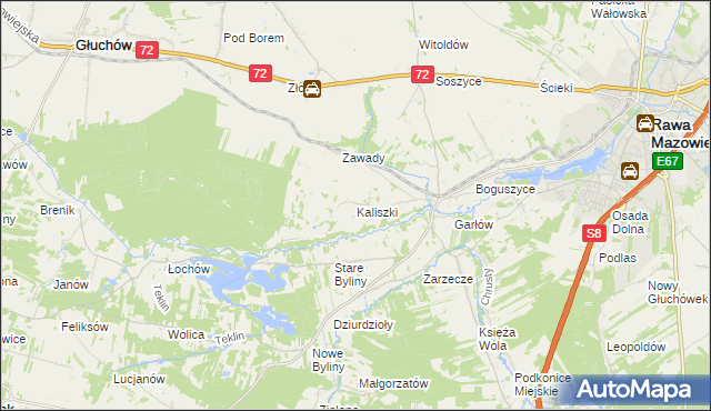 mapa Kaliszki gmina Rawa Mazowiecka, Kaliszki gmina Rawa Mazowiecka na mapie Targeo