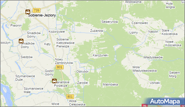 mapa Karczunek gmina Sobienie-Jeziory, Karczunek gmina Sobienie-Jeziory na mapie Targeo