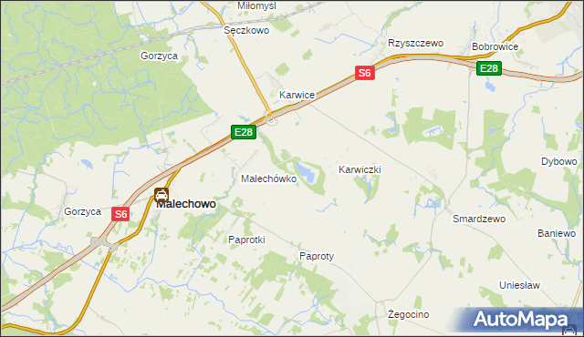 mapa Karw gmina Malechowo, Karw gmina Malechowo na mapie Targeo
