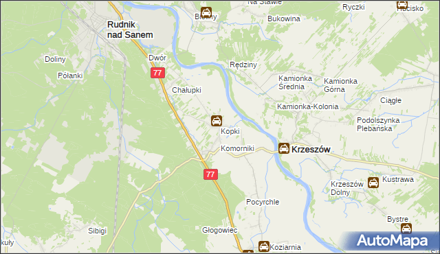 mapa Kopki gmina Rudnik nad Sanem, Kopki gmina Rudnik nad Sanem na mapie Targeo